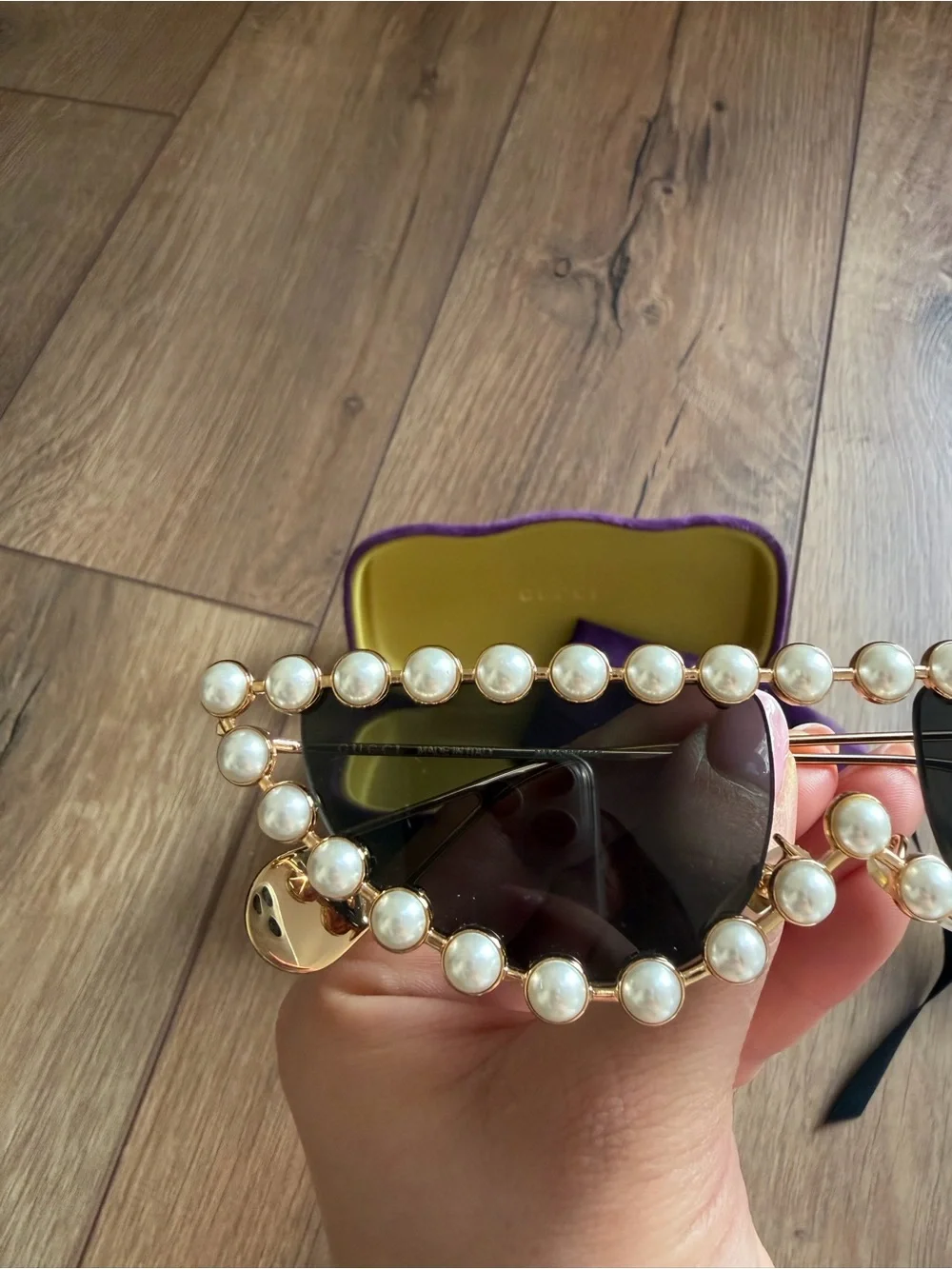 Gucci Pearl-Trim Cat Eye Sunglasses - Purple/Gold
